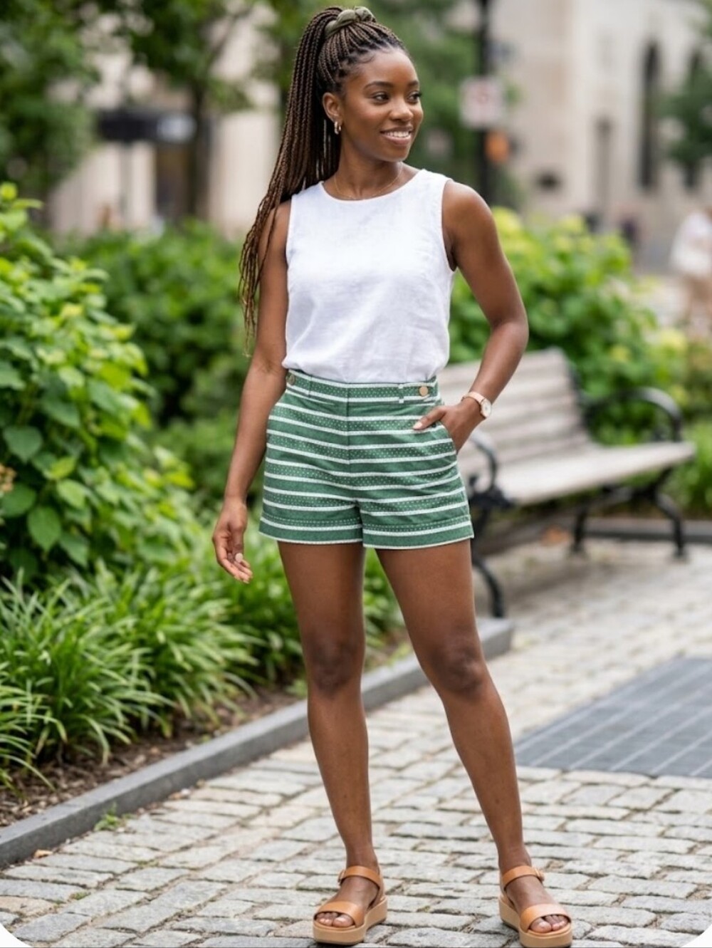 Meadow Rue Green Striped Polka Dot Gold Buttons Shorts